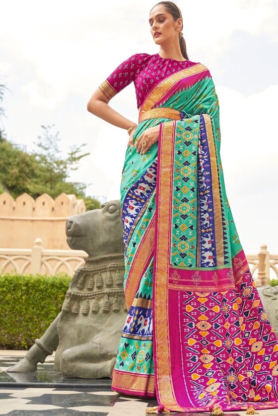 Blue & Pink Patola Silk Saree with Zari Borders