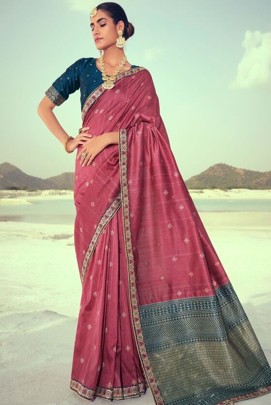 Rose Gold Pink Woven Banarasi Silk Saree With Embroidered Border & Swarovski Work