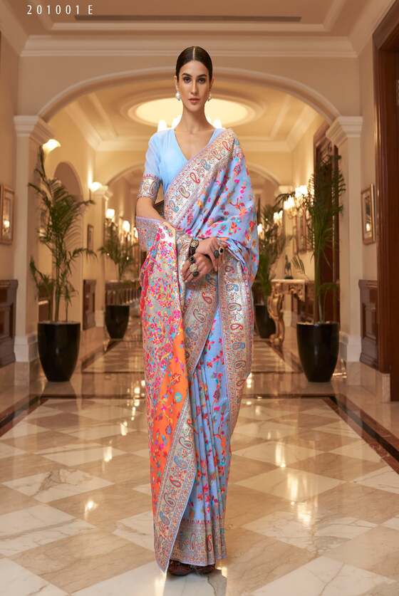 Skyblue Multicoloured Woven Silk Saree