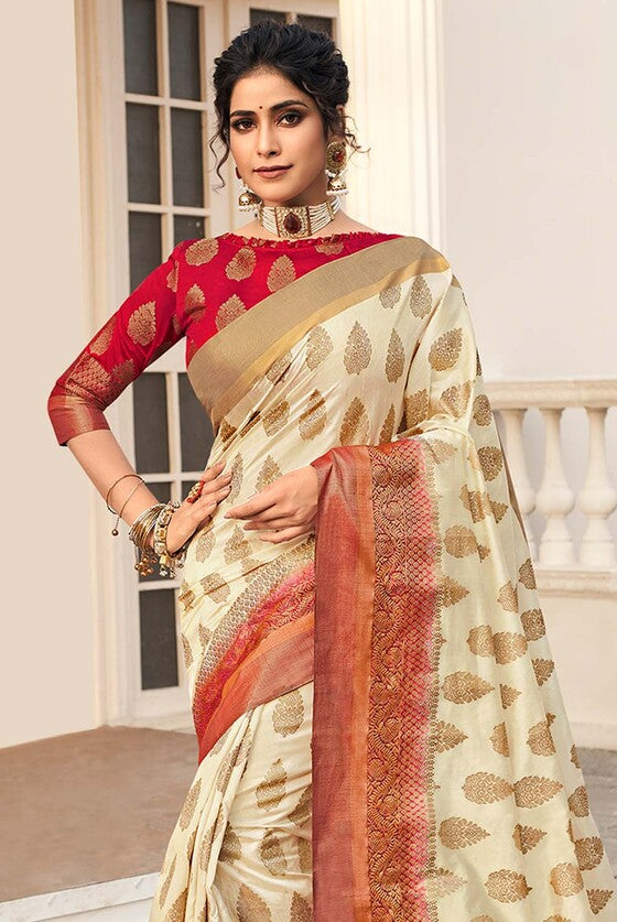 Cream White Zari Butta Woven Banarasi Silk Saree