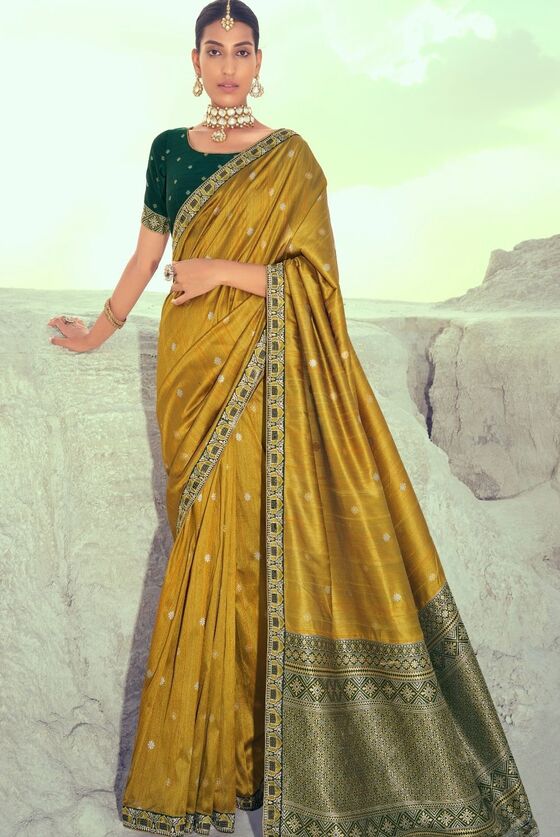 Mustard Yellow Woven Banarasi Silk Saree With Embroidered Border & Swarovski Work