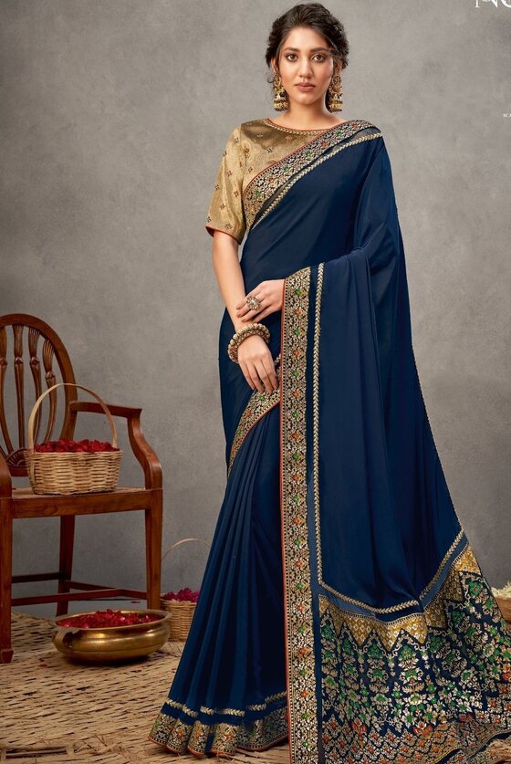 Navy Blue Satin Silk Saree With Thread & Cord Embroidery