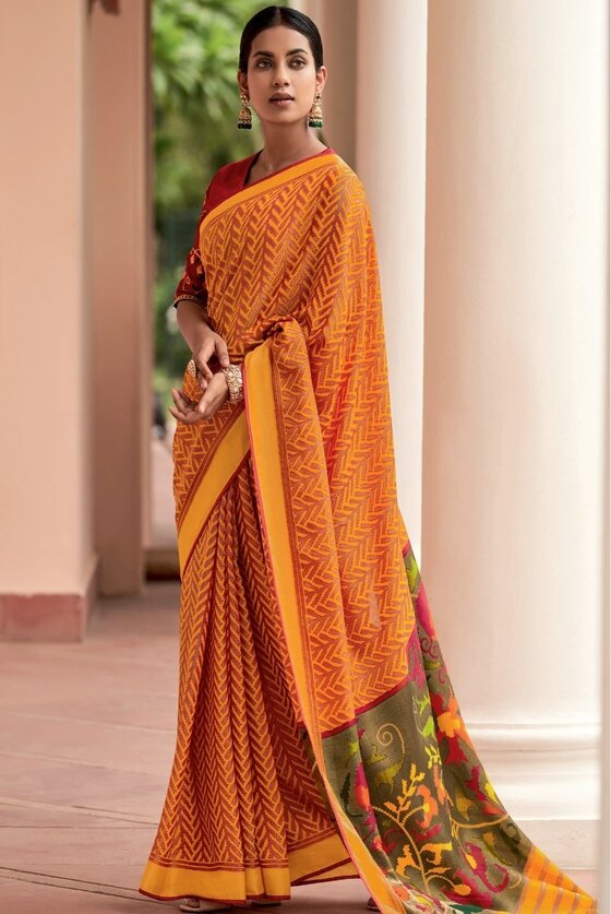 Orange Printed Patola Silk Saree With Embroidered Blouse