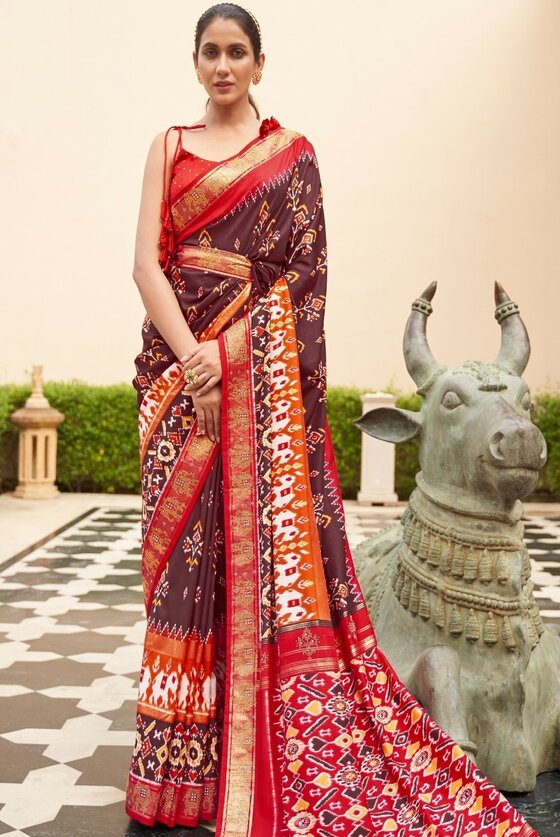 Brown & Red Patola Silk Saree with Zari Borders