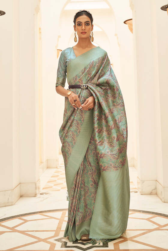 Ice Blue Digital Printed Silk Saree