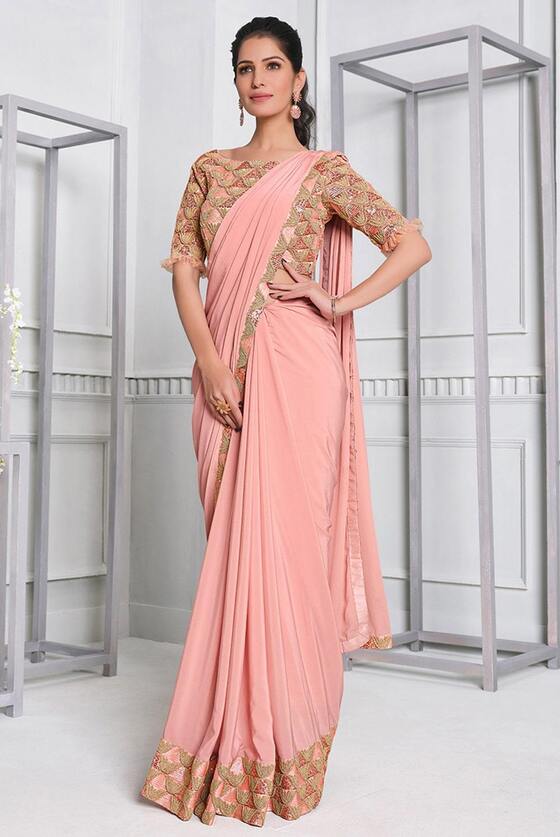 Rose Bud Peach Ready to wear designer Lycra Silk saree