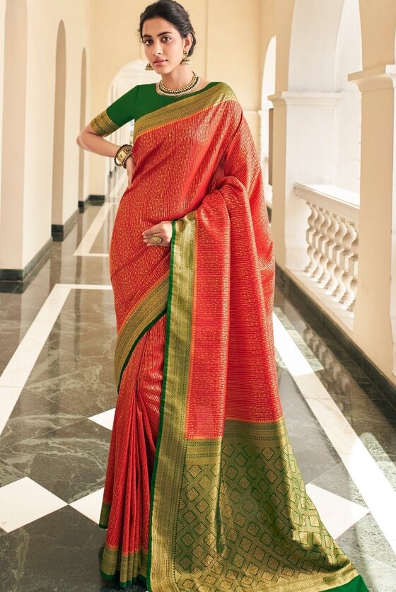 Candy Red Woven Kanjivaram Silk Saree With Contrast Border & Pallu