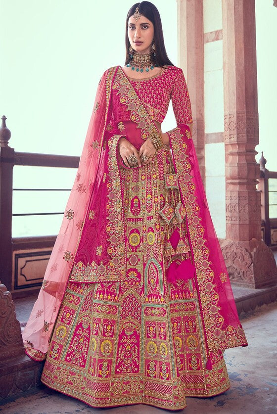 Magenta Pink Banarasi Silk Lehenga Choli With Jarkan, Cutdana, And Hand Embroidery Work