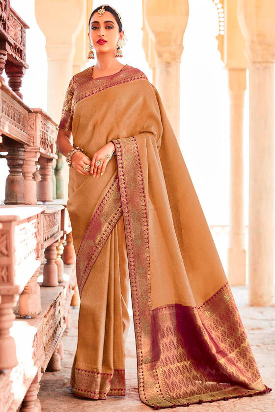 Tortilla Brown Zari Woven Kanjivaram Silk Saree With Embroidered Blouse