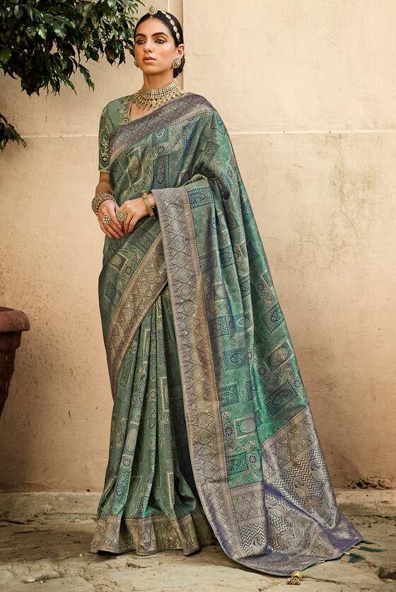 Green Designer Banarasi Saree With Embroidered Blouse