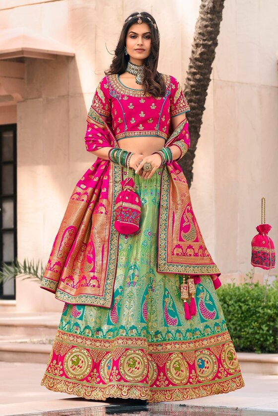 Ganges Green And Pink Hand Heavy Embroidered Banarasi Lehenga Choli