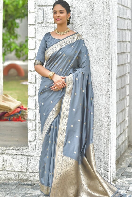 Fossil Grey Zari Woven Banarasi Silk Saree