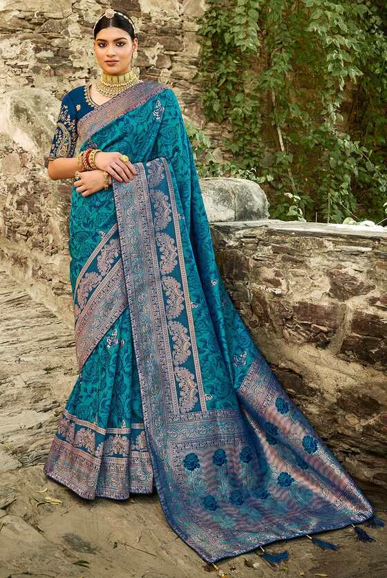 Blue Designer Banarasi Saree With Embroidered Blouse