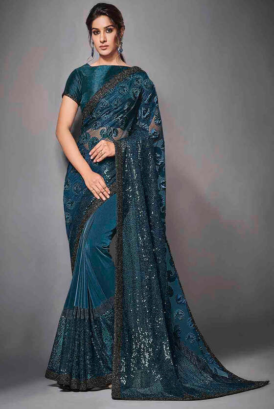 Prussian Blue Designer Lycra Saree With Sequins Embroidery