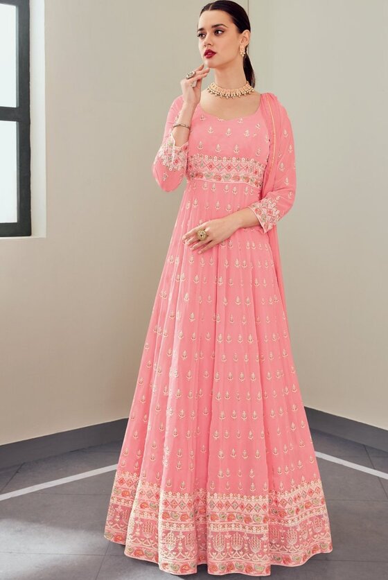 Carnation Pink Georgette Embroidered Anarkali Suit