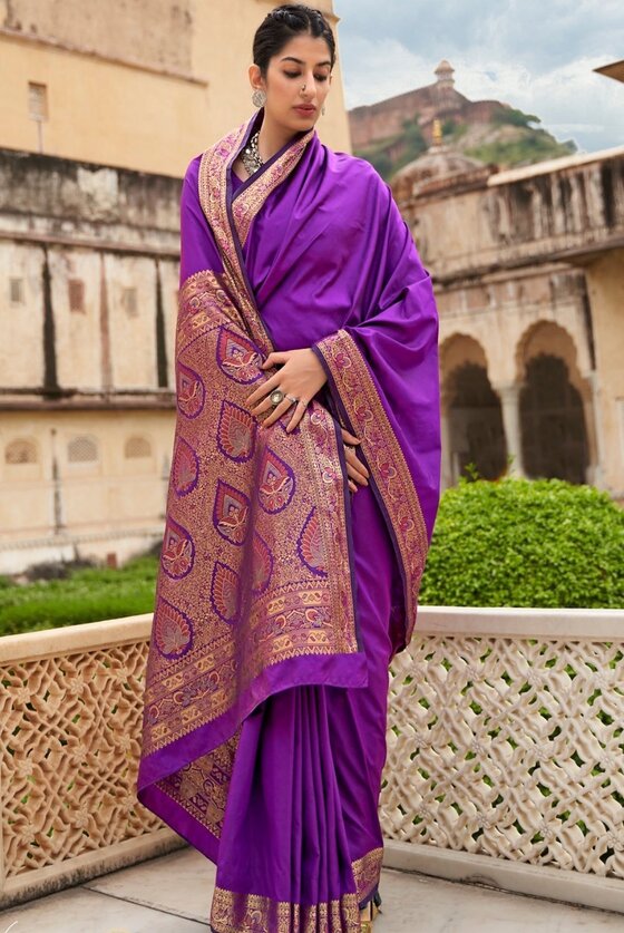 Electric Purple Banarasi Silk Saree With Embroidered Blouse