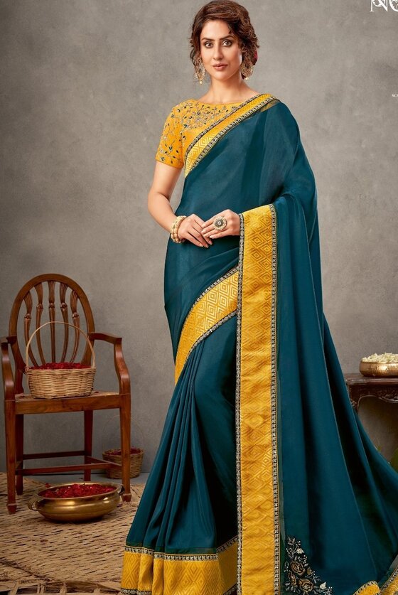 Teal Blue Georgette Silk Saree With Resham Embroidery Hardwork Details