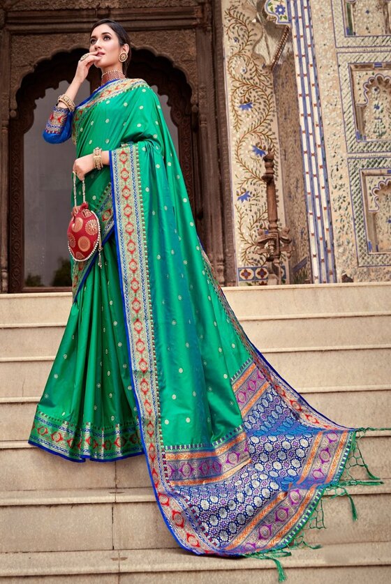 Spring Green Woven Banarasi Soft Silk Saree