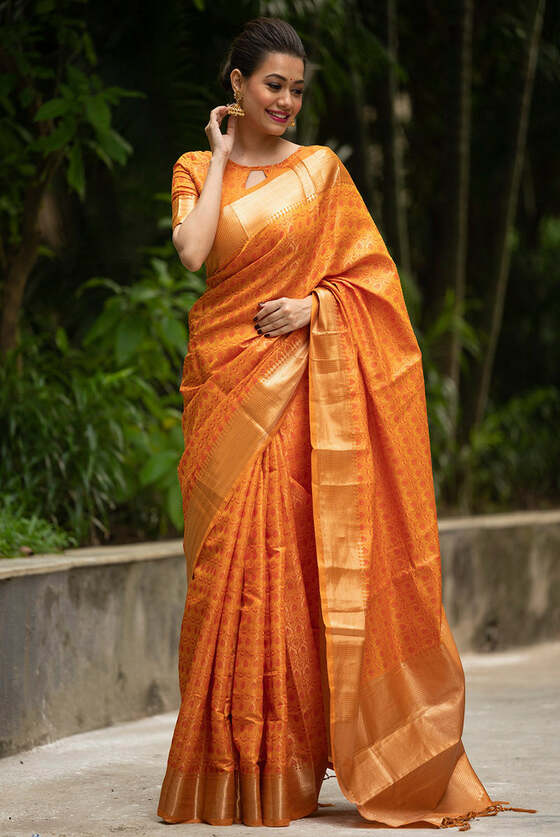 Neon Orange Zari Woven Banarasi Silk Saree