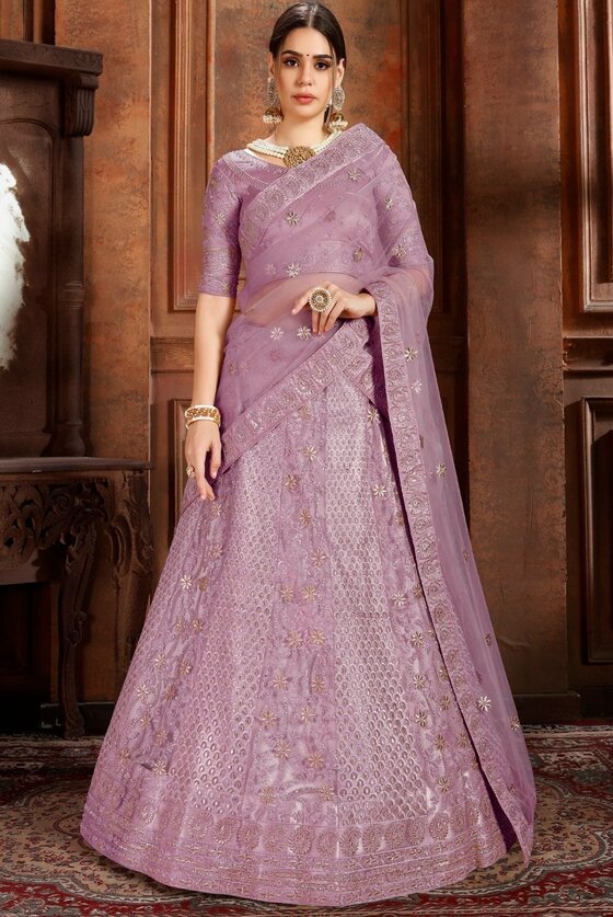 Lavender Purple Lehenga Choli With Stone, Pearl & self Embroidered work