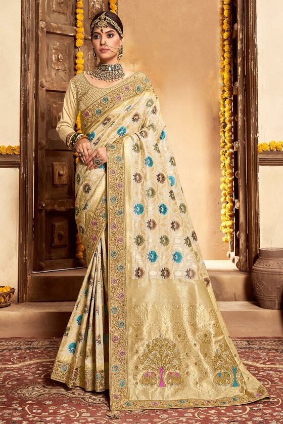 Beige Woven Banarasi Silk Embroidered Saree