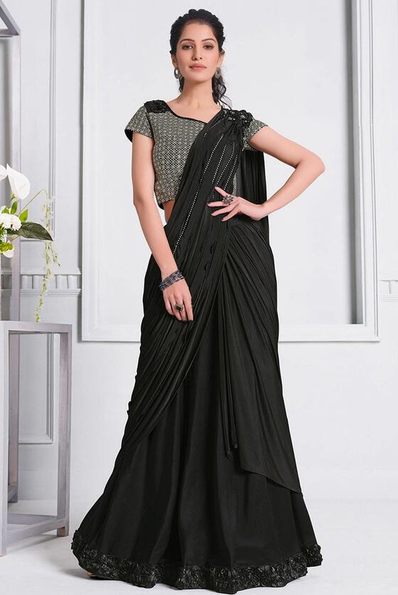 Charcoal Black Ready to wear designer Lycra Silk saree