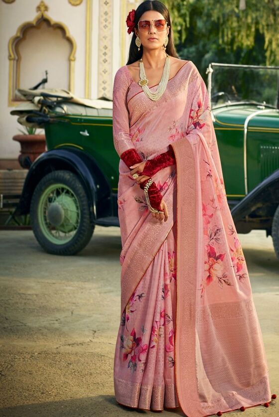 Lemonade Pink Floral Tissue Silk saree