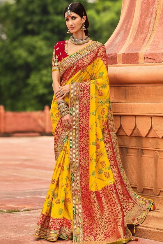 Yellow & Red Woven Dola Silk Saree Having Khatli Work On Border & Blouse