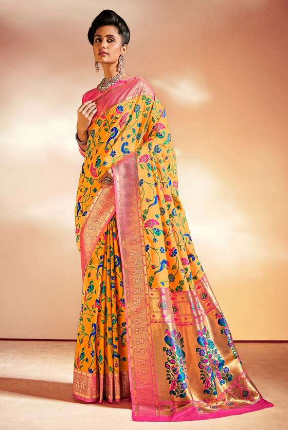 Mustard Yellow Woven Paithani Silk Saree