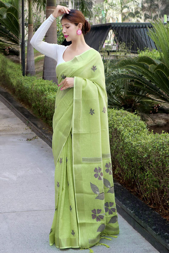 Light Green Linen Cotton Saree With Copper Zari Weaving Pallu