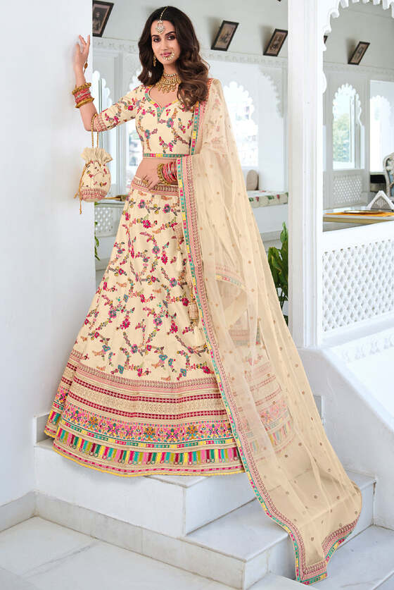 Albaster Beige Heavy Embroidered Designer Lehenga With Net Dupatta