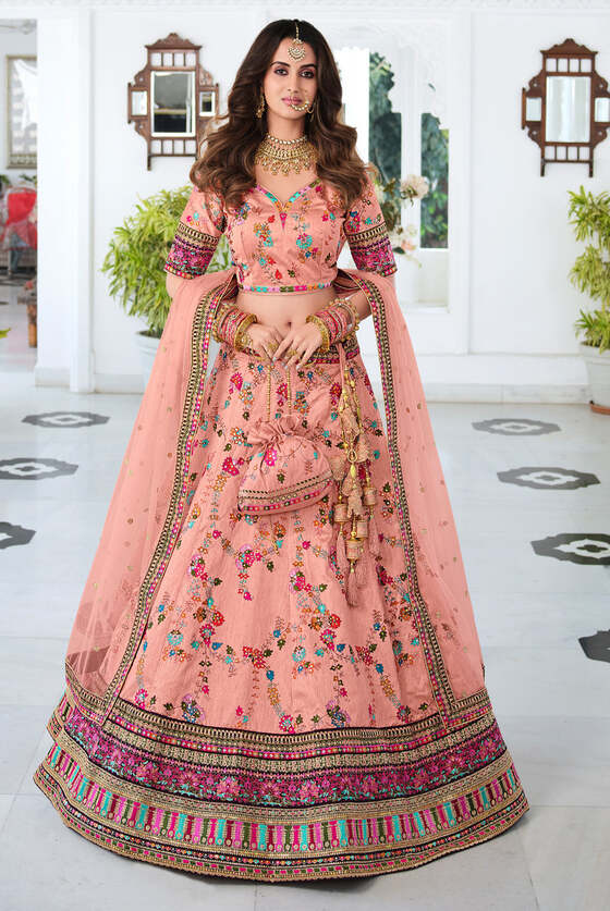 Coral Pink Designer Embroidered Lehenga With Net Dupatta