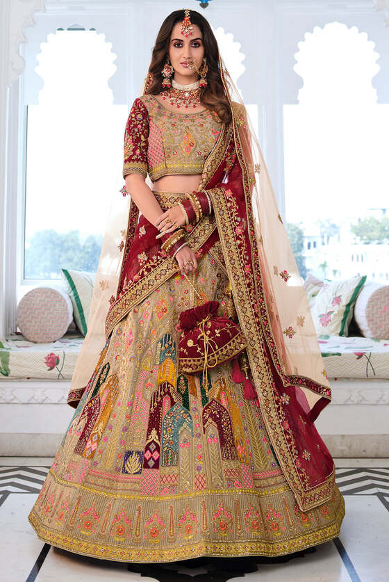 Gold & Maroon Designer Embroidered Lehenga With Net Dupatta