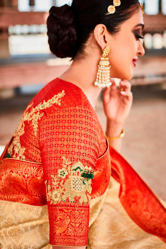 Tan Brown Zari Woven Kanjivaram Silk Saree With Embroidered Blouse