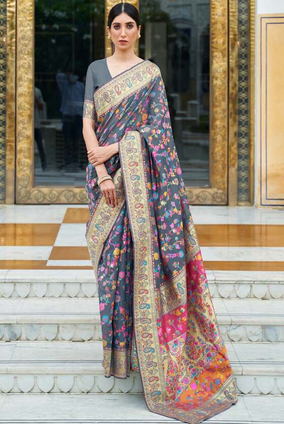 Slate Grey Woven Jamewar Banarasi Saree