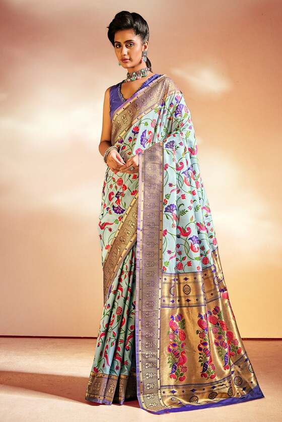 Powder Blue Woven Paithani Silk Saree