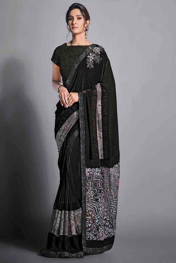 Black Designer Lycra Saree With Multi Colored Sequins Embroidery & Handwork Butta