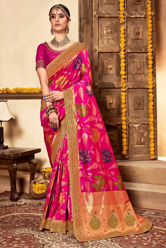 Rich Pink Woven Banarasi Silk Embroidered Saree