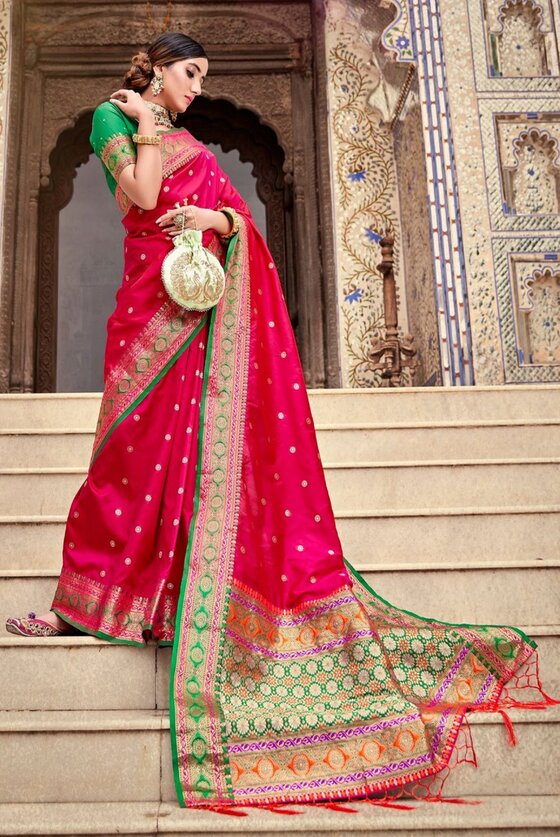 Cherry Red Woven Banarasi Soft Silk Saree