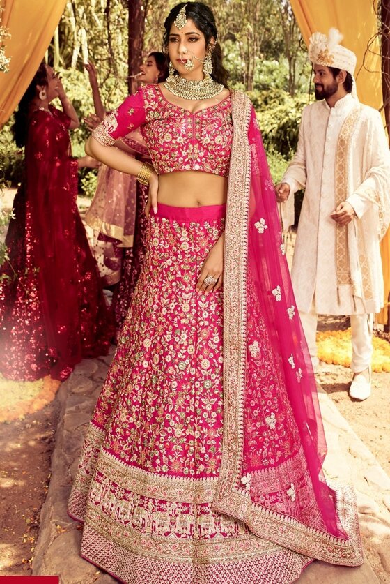 Magenta Pink Raw Silk Lehenga Choli With Resham, Beads & Zari Work