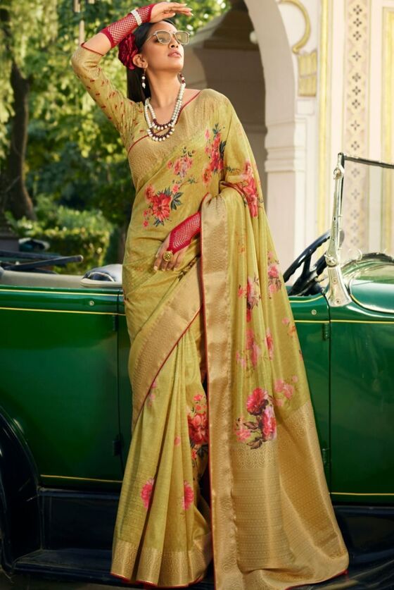 Earls Green Floral Tissue Silk saree