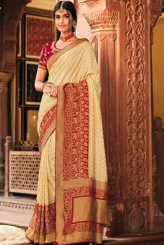 Cream White Woven Banarasi Silk Saree With Embroidered Blouse