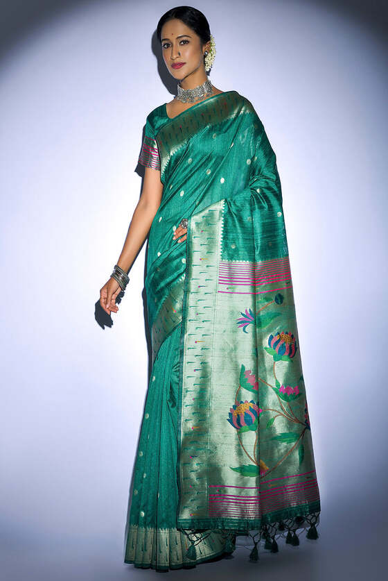 Jade Green Tussar Silk Zari Woven Saree With Paithani Border And Pallu