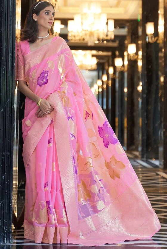 Pink Zari Woven Linen Silk Saree