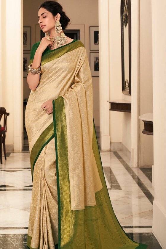 Ivory White Woven Kanjivaram Silk Saree With Contrast Border & Pallu