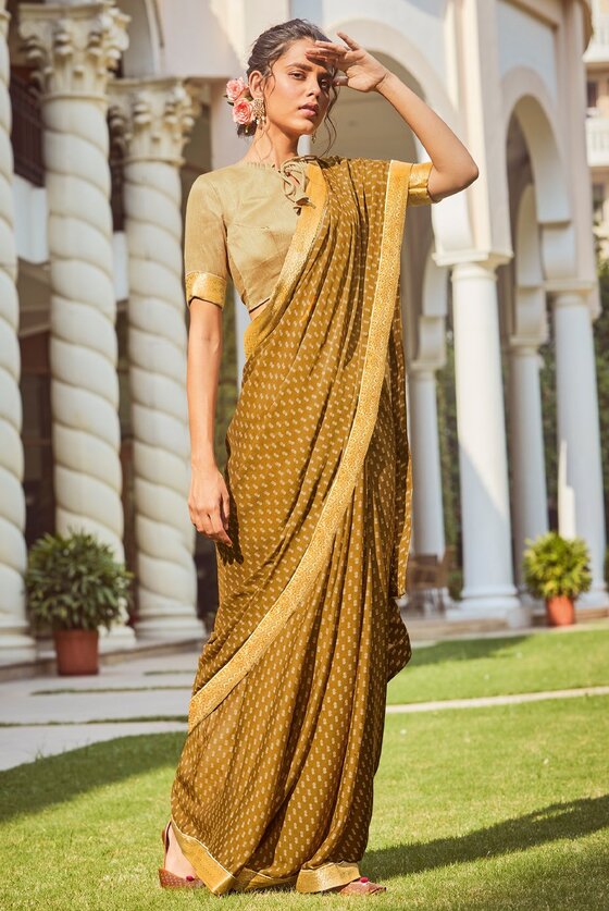 Mustard Yellow Printed Banarasi Silk Saree