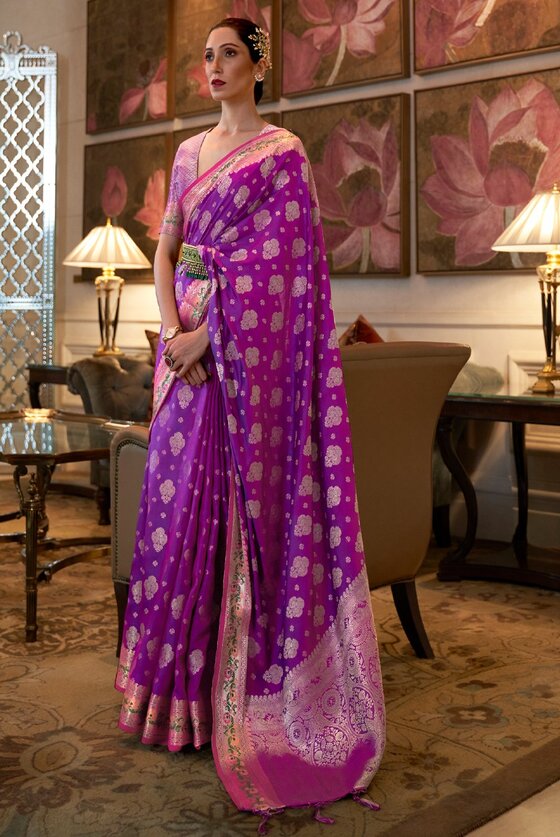 Festive Purple Woven Banarasi Saree With Brocade Blouse