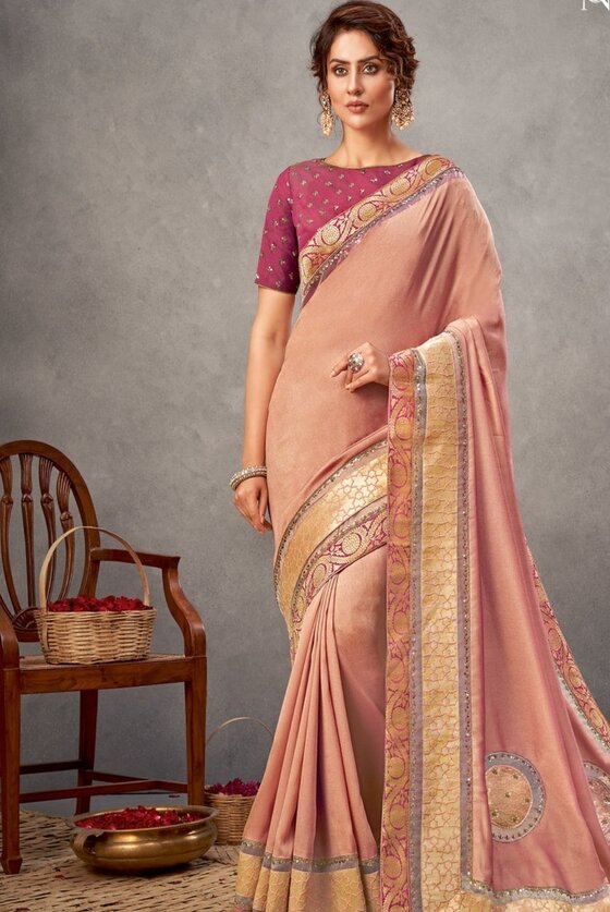 Peach Pink Dual Tone Georgette Silk Saree With Sequins & Zari Embroidery