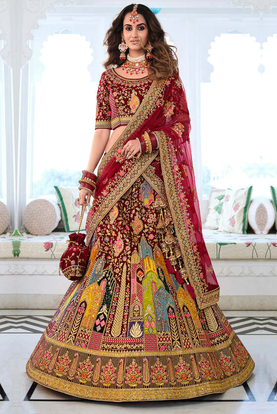 Bridal Maroon Multi Embroidered Designer Lehenga With Net Dupatta