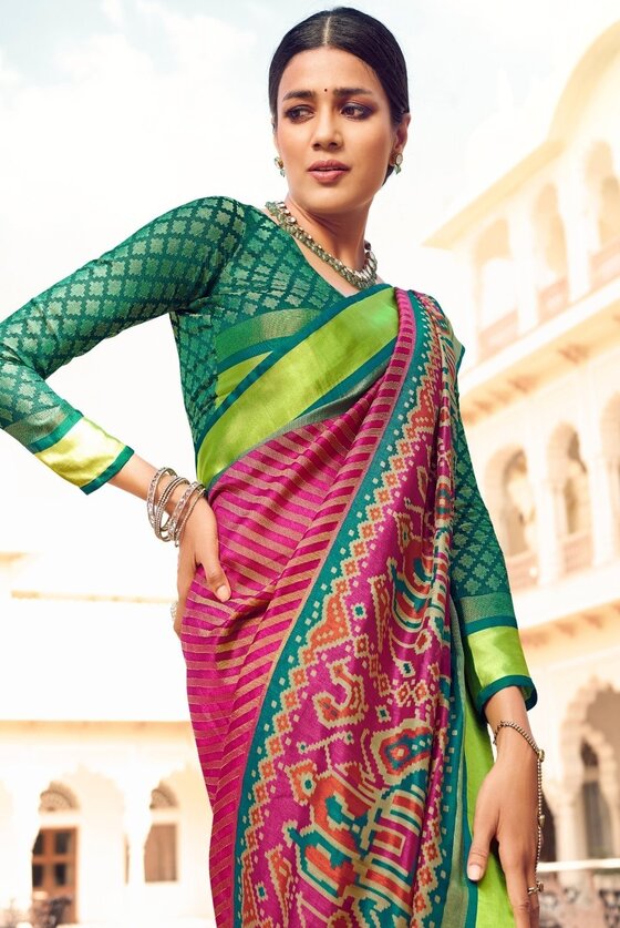 Hot Pink Woven Patola Print Saree With Satin Border